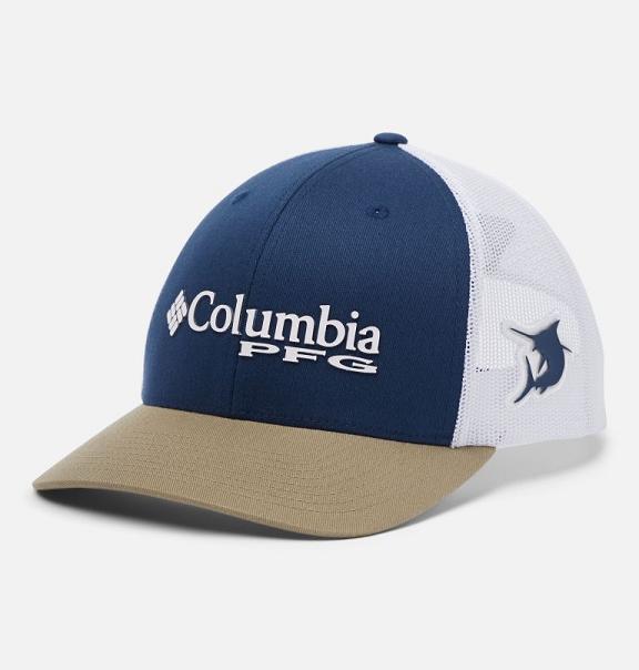 Columbia Mens Baseball Cap Sale UK - PFG Mesh Snap Back Accessories Blue White UK-91809